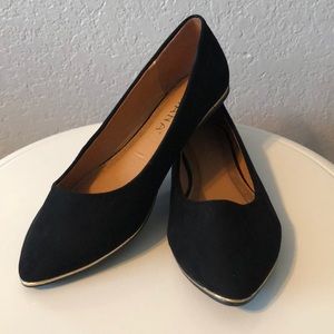 Black velvet flats with gold trim